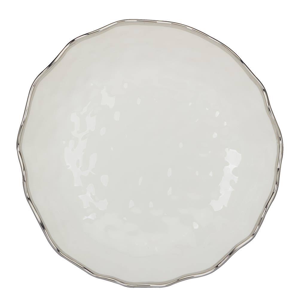 Gray Ceramic Round Serving Bowl with Silver Rim