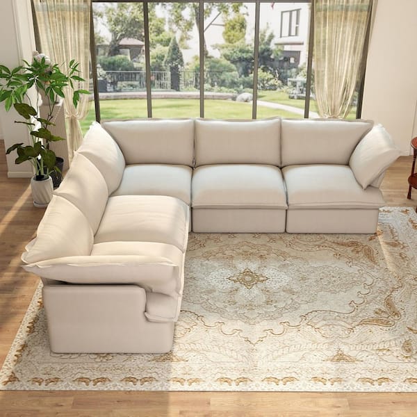 Wide Deep Seat 123 in. Flared Arm Down Filled Linen V-Shaped Modular Sofa Corner Cloud Couch in Beige