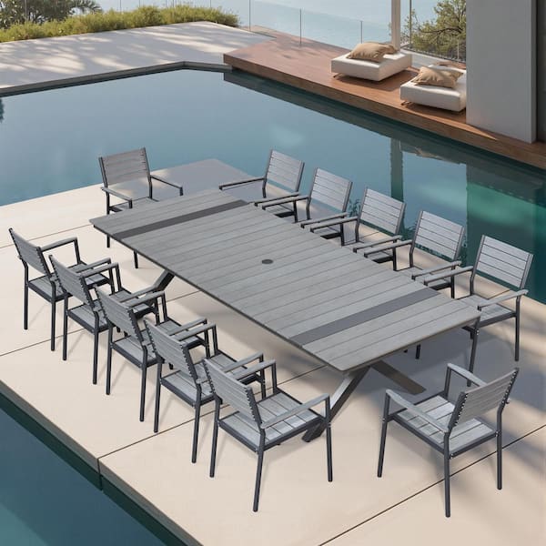 Gray 13-Piece 118 in. Aluminum Wood-Like Rectangular Patio Outdoor Dining Set with Stackable Arm-Chairs, Umbrella Hole