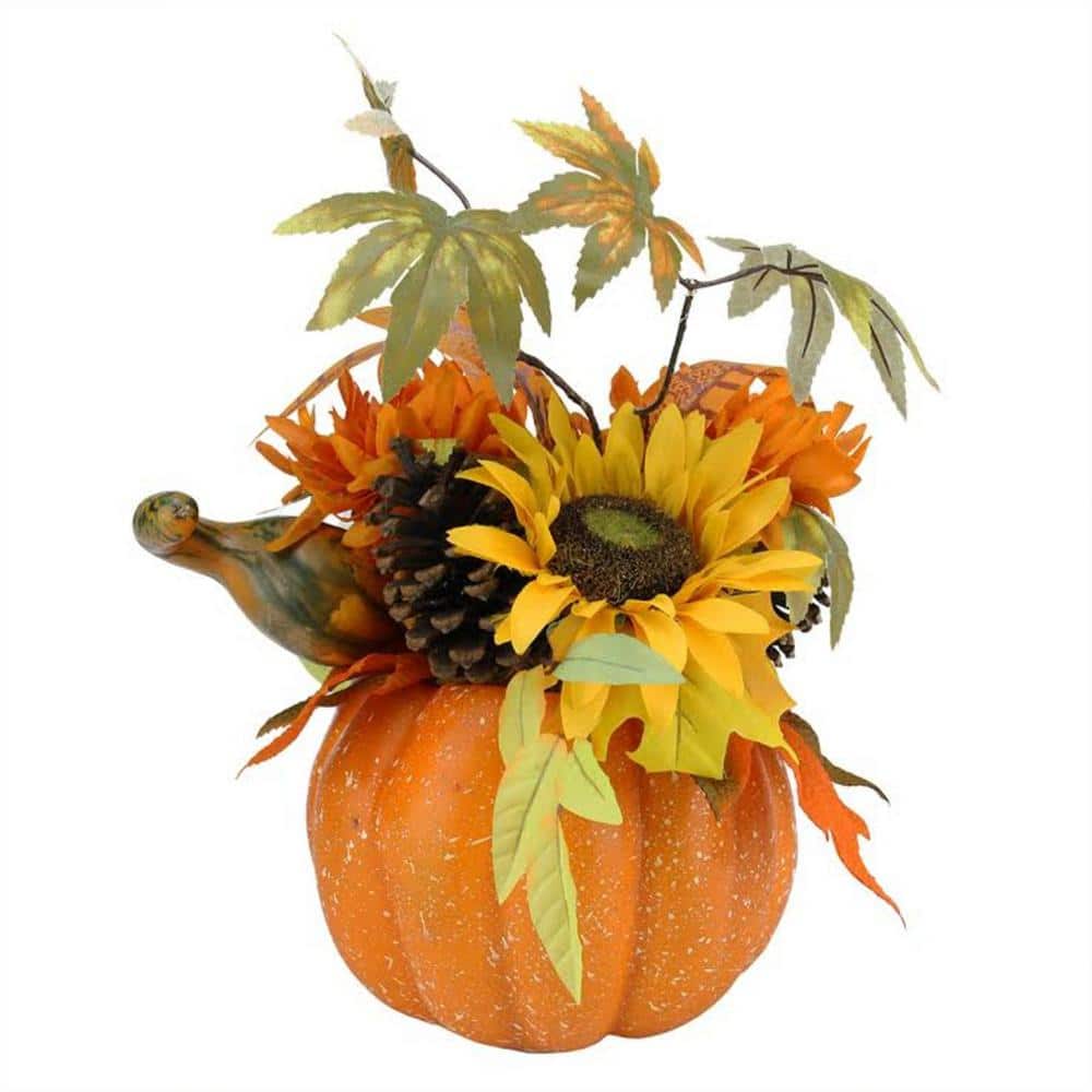 Northlight 10 in. Harvest Artificial Pumpkin with Sunflowers, Mums, and  Pine Cones 31737200 The Home Depot