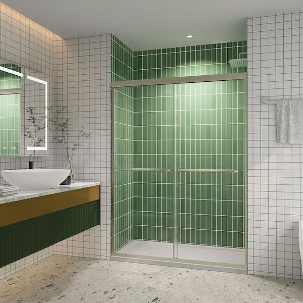 50 in. - 54 in. W x 72 in. H Double Sliding Semi-Frameless Shower Door in Brushed Nickel with Clear Glass