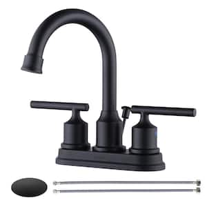 4 in. Centerset Double Handle High Arc Bathroom Faucet with Drain Kit Included in Matte Black