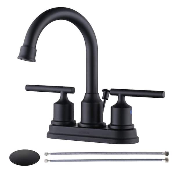 WOWOW 4 in. Centerset Double Handle High Arc Bathroom Faucet with Drain Kit Included in Matte Black