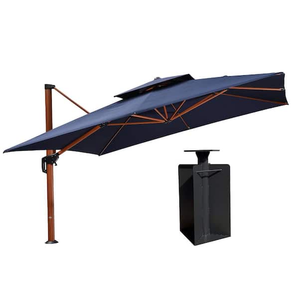 PURPLE LEAF 12 ft. Square High-Quality Wood Pattern Aluminum Cantilever Polyester Patio Umbrella with Base in Ground, Navy Blue