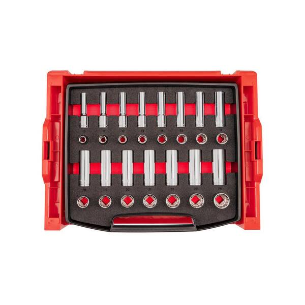 1/2 Inch Drive Shallow and Deep 12-Point Socket Set with Open Top Drawer and Rack, 30-Piece (10-24 mm)