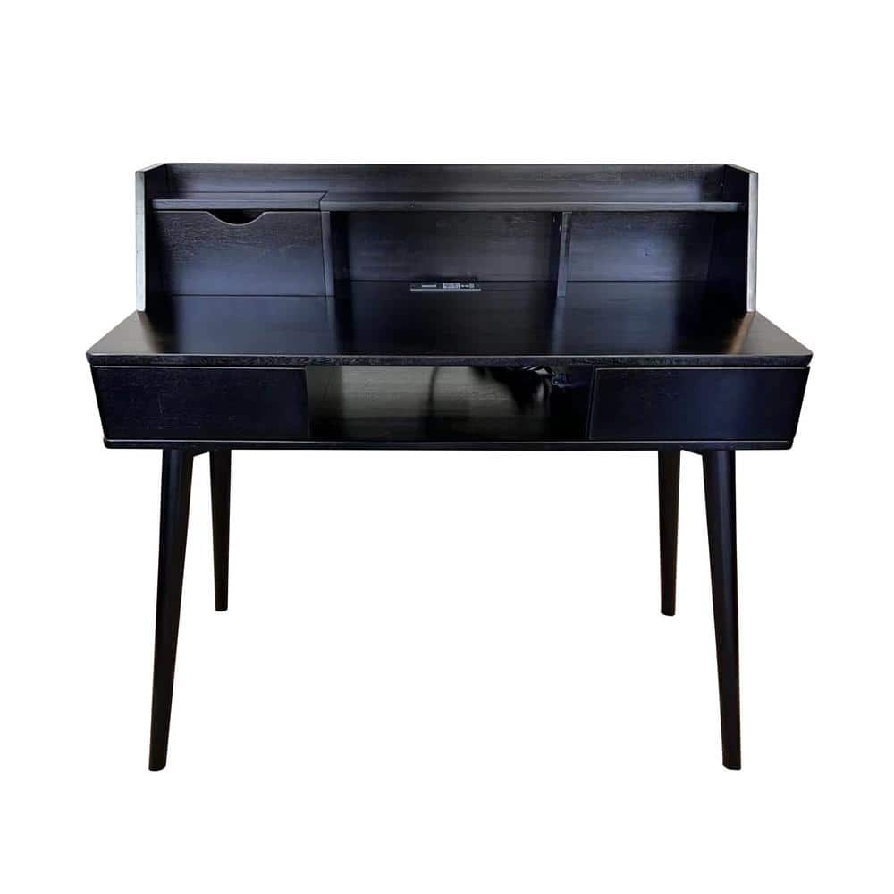 39 in. Acacia Wood Laptop Desk with Charging Station in Black Matte Finish