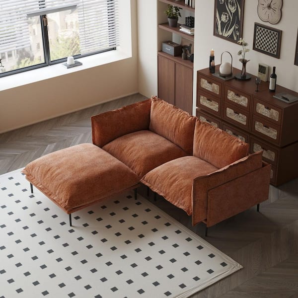 74.8 in. Straight arm Cloud Velvet Down Feather Filling Modular Loveseat Sofa with Ottoman For Living Room in. Orange