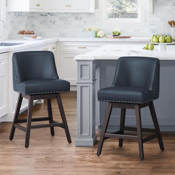 OrangeOne Hampton 26 in. Solid Wood Navy Blue Swivel Bar Stools with Back Faux Leather Upholstered Counter Bar stool Set of 2