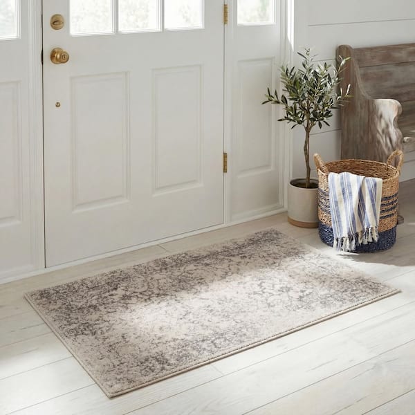 Adirondack Ivory/Silver Doormat 3 ft. x 4 ft. Border Distressed Area Rug