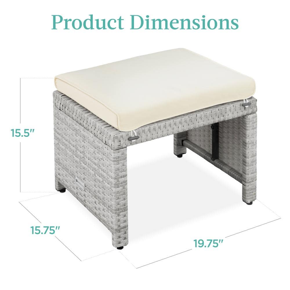 Gray Wicker Patio Ottomans with Cream Cushions, Set of 2