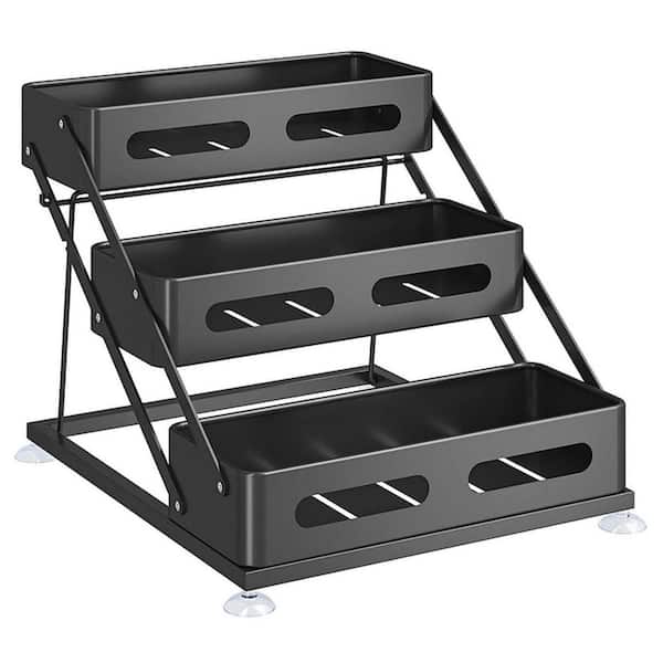 3 Tier Black Countertop Spice Rack Organizer Iron Kitchen Seasoning Shelf Foldable Cabinet Storage