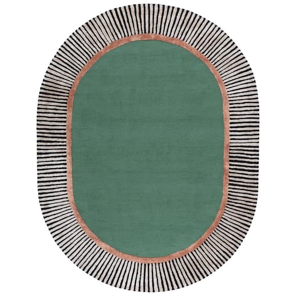 Fifth Avenue 8 ft. x 10 ft. Oval Green/Black Striped Border Solid Area Rug