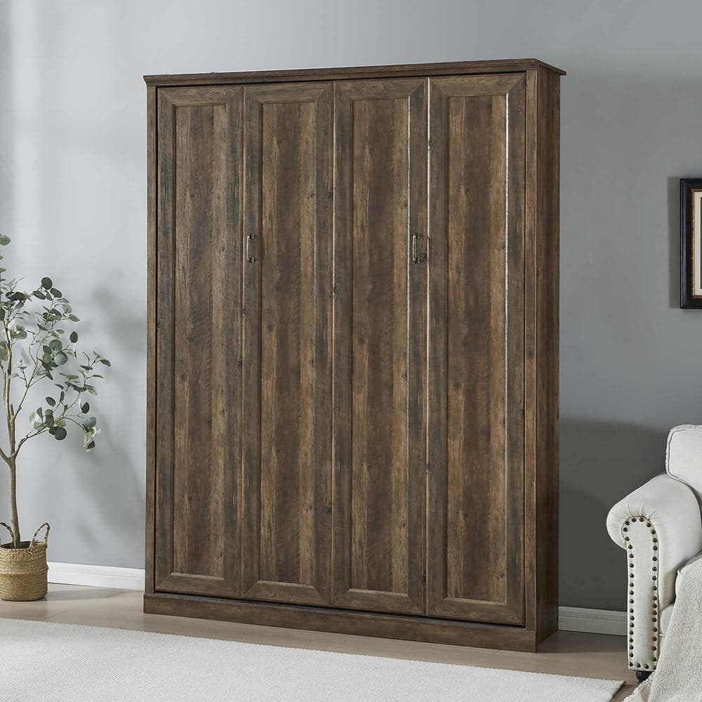 Brown Pine Wood Frame Queen Murphy Bed with Storage