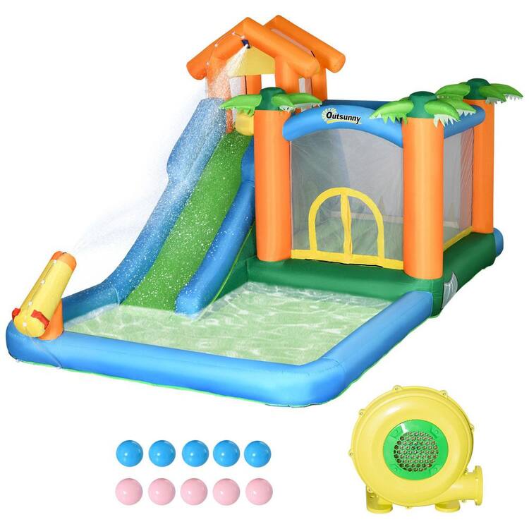 maocao hoom 6-in-1 Tropical Inflatable Water Slide, Includes Floating Ball Slide Trampoline Pool Cannon Climbing Wall with Carry Bag