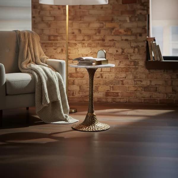 THE URBAN PORT 14.5 in. Antique Brass and White Round Marble Accent End Table with Hammered Pedestal Base