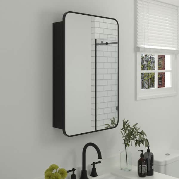 FAMYYT 20 in. W x 26 in. H Black Rectangular Aluminum Medicine Cabinet with Mirror and Adjustable Shelves, Left Hinge