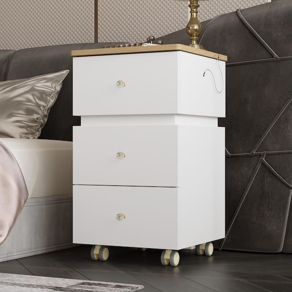 White Lift Makeup Vanity Desk with Flip-Top Lighted Mirrors, Glass Top Desktop, Universal Wheels, 3-Drawers, 360° Swivel