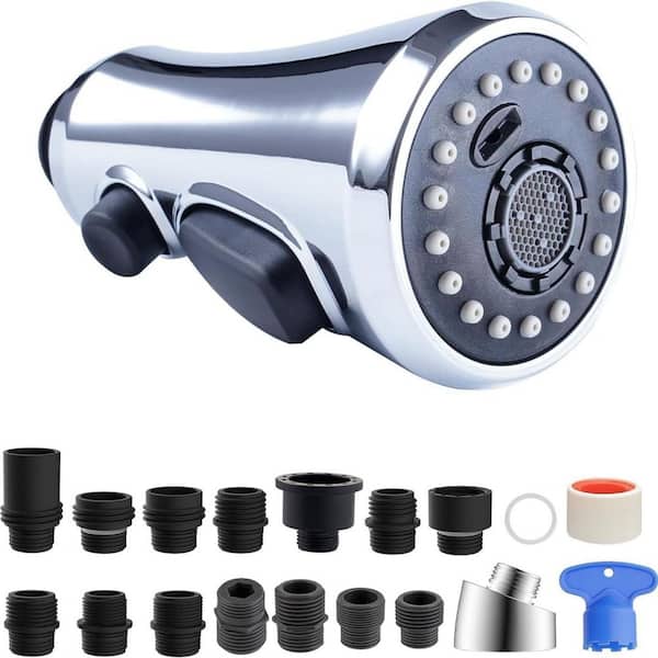Chrome 3-Function Spray Nozzle with 15 Adapters for Sink Faucet Pull Down Spray Head Replacement