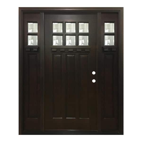 Steves & Sons 60 in. x 80 in. Craftsman Bungalow 6 Lite Left-Hand Inswing Hickory Stained Wood Prehung Front Door 10 in. Sidelites