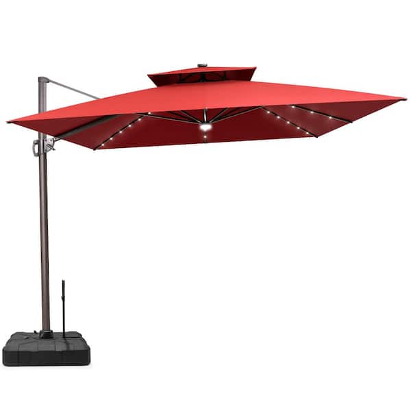 11 ft Outdoor Double Top Solar Powered LED Patio Cantilever Umbrella with Base - Red