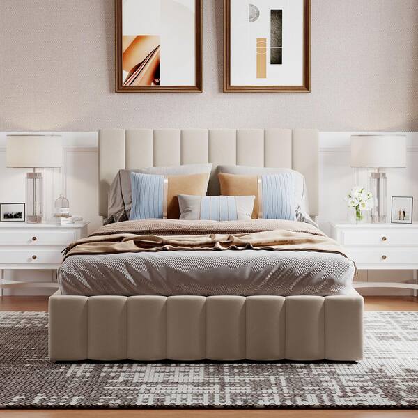 GOJANE 80 in. W Beige Full Size Upholstered Platform Bed with a Hydraulic Storage System