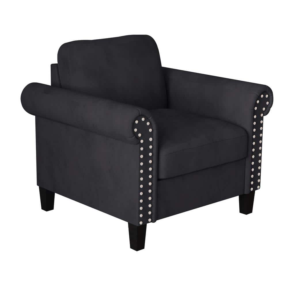 Handcrafted Black Velvet Accent Chair with Wood Legs