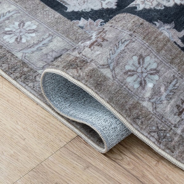 Kisara Oushak Style Distressed Border Non-Slip Machine-Washable Charcoal/Beige 8 ft. x 10 ft. Area Rug