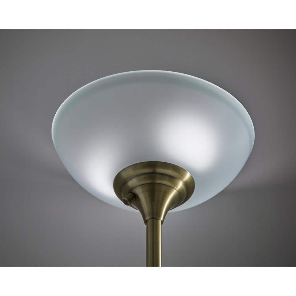 71" Black and Antique Brass Torchiere Floor Lamp with Frosted Glass Shade