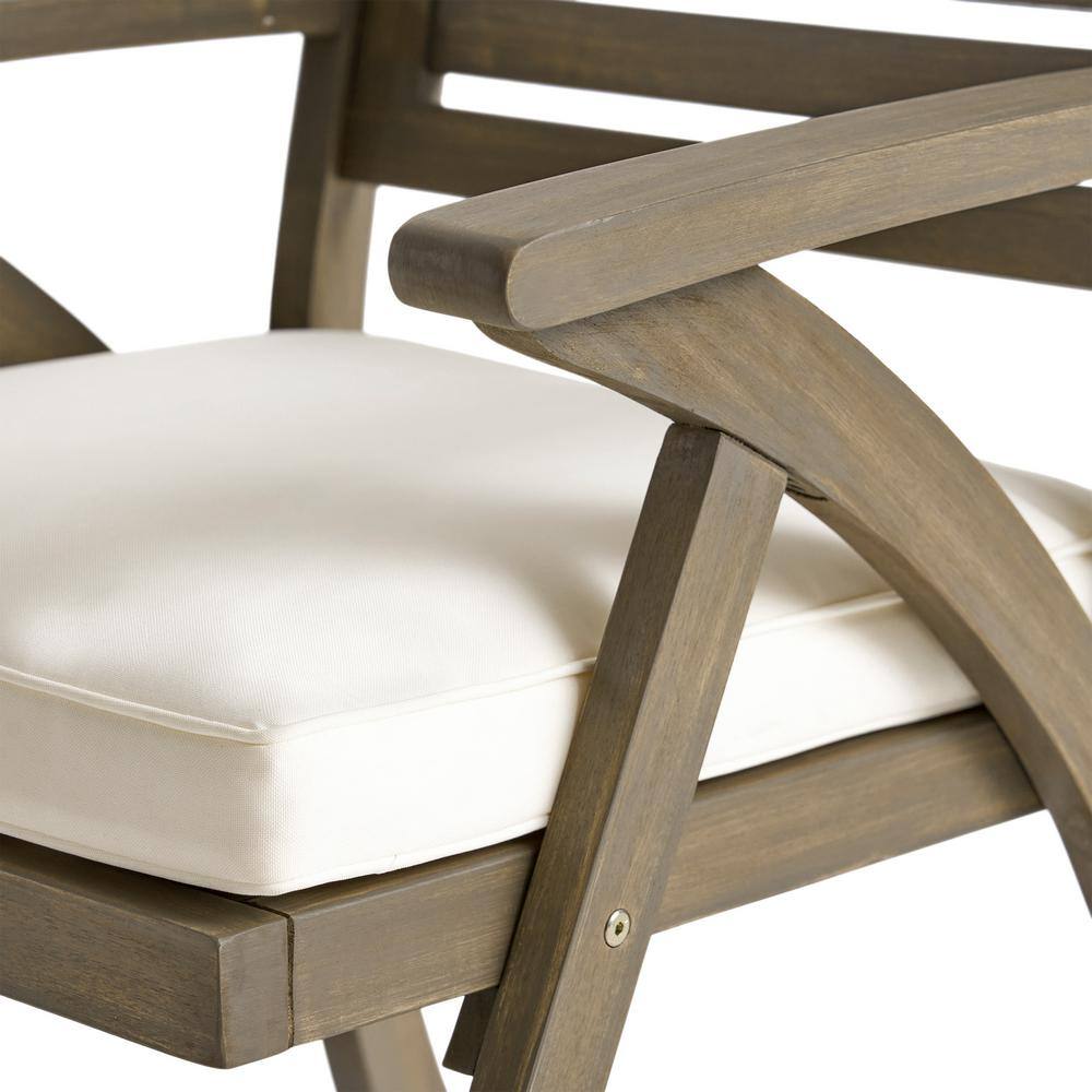 Gray Acacia Wood Outdoor Dining Armchair with Cream Cushions