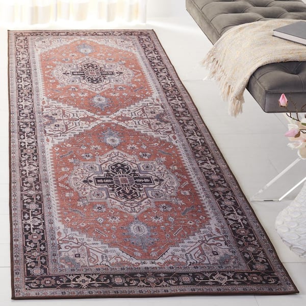 Tucson Rust/Navy 3 ft. x 8 ft. Machine Washable Border Floral Medallion Runner Rug