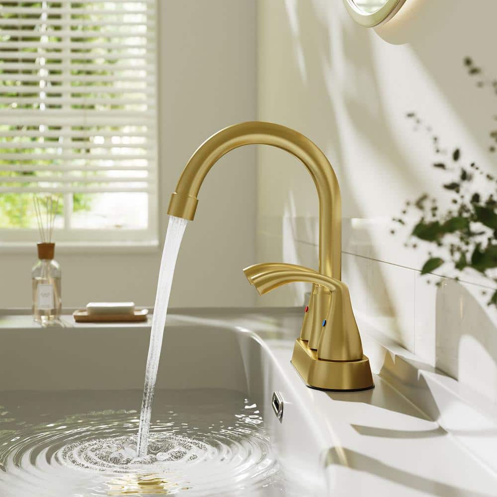 Brushed Gold Double Handle High Arc Bathroom Faucet with Drain Kit