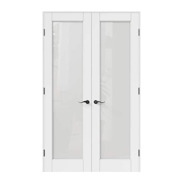 48 in. x 80 in. 1 Lite Frosted Glass Solid Core Primed White Double Prehung French Door with Quick Assemble Jamb