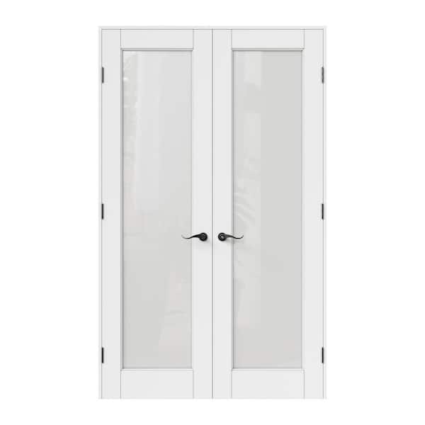 48 in. x 80 in. 1 Lite Frosted Glass Solid Core Primed White Double Prehung French Door with Quick Assemble Jamb
