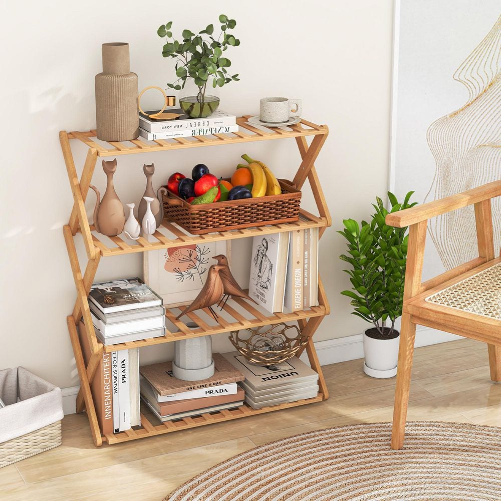 Gymax 4-Tier Foldable Natural 32 in. H Bamboo Shoe Rack Multi