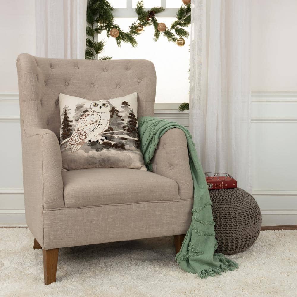 Ivory and Gray Embroidered Cotton Owl Throw Pillow 20" x 20"