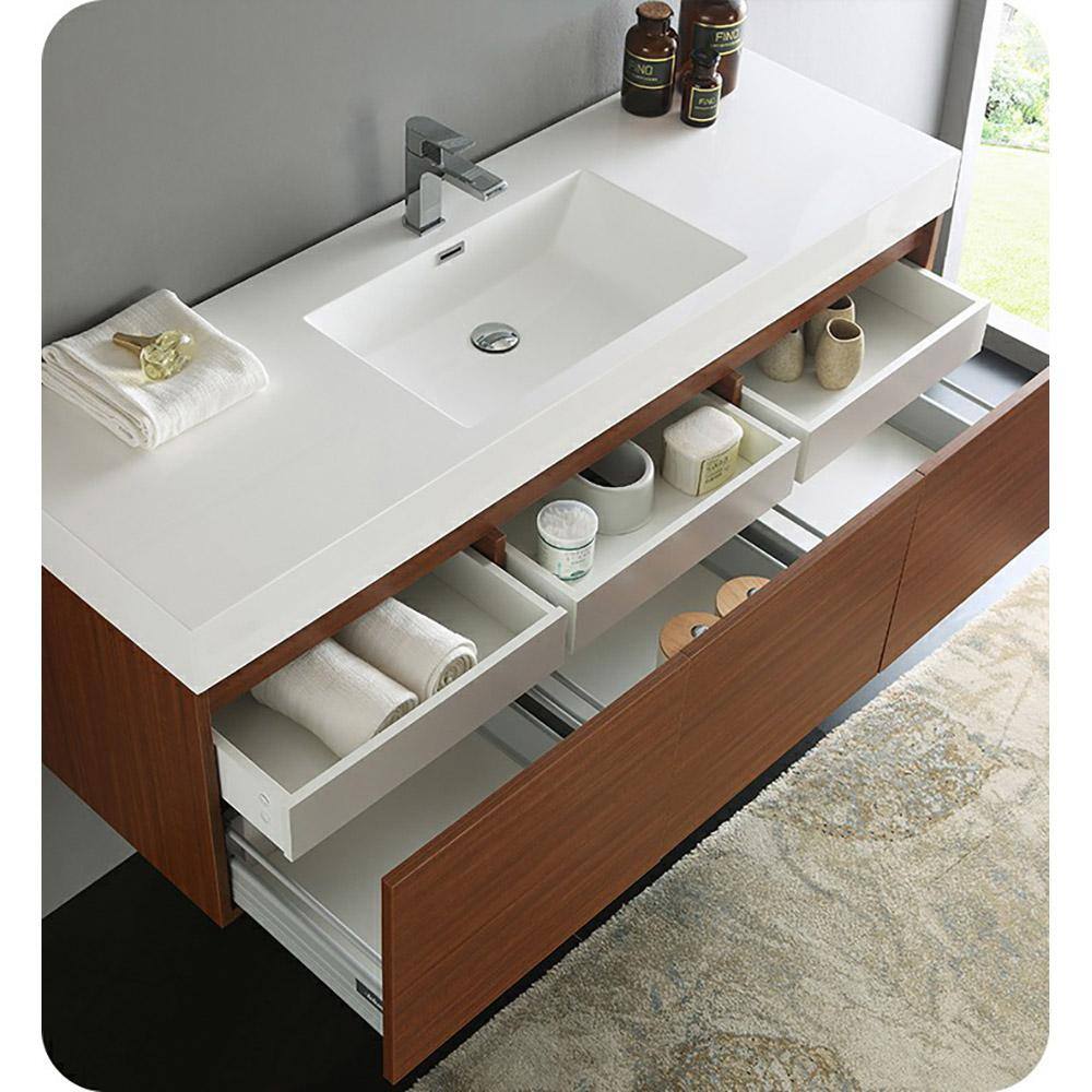 Teak 59" Wall-Mount Single Sink Modern Vanity Base