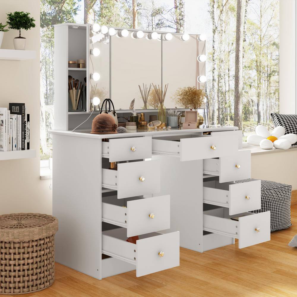 White Makeup Vanity Desk 9 Drawers Wood Dressing Table With 3 LED Bulb Light Mirrors, Glass Top, Hidden Storage Shelves - thumbnail 2