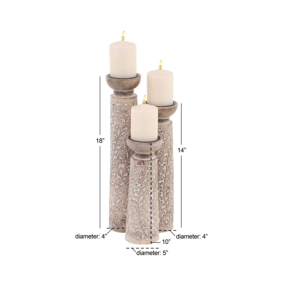 Rustic Elegance Mango Wood Carved Candle Holders, Brown Floral Set of 3