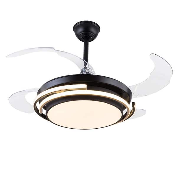 OUKANING 42 in. Modern Black Retractable Blades Integrated LED Indoor 6-Speed Reversible Motor Ceiling Fan with Remote