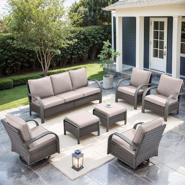 moosprr 7-Piece Brown Wicker Patio Conversation Set with Beige Olefin Cushions and Swivel Glider Chairs/Ottomans/Couch