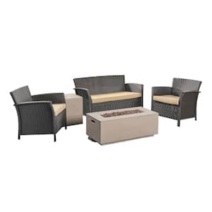 St. Lucia Brown 5-Piece Faux Rattan Patio Fire Pit Conversation Set with Tan Cushions