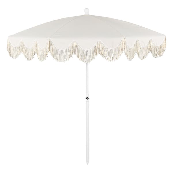 Mariner 6.5 ft. Classic Cottage Fringe Tassel Market Beach Umbrella in Cream, White Pole