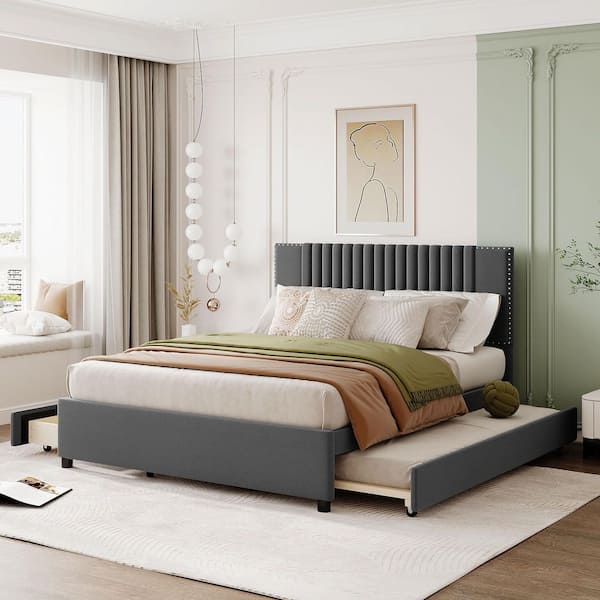 Gray Wood Frame Queen Size Platform Bed with (2-Drawers) and 1-Twin Xl Trundle