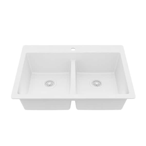 White Quartz 33 in. 50/50 Double Bowl Composite Drop-in Kitchen Sink