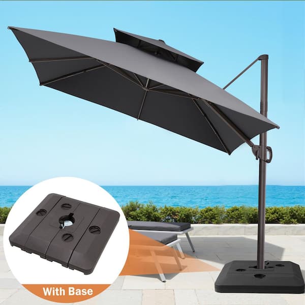 15 inch patio umbrella 15 ft Outdoor Double-Sided Patio Umbrella with 48 Solar LED Lights and Umbrella Base Orange