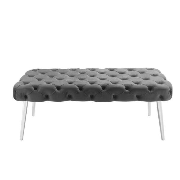 Shannyn Velvet Grey/Chrome - NBH130-02GR-HD Depot Button Nicole Miller Home Tufted The Bench Leg with Metal