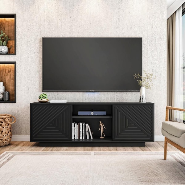 TECHNI MOBILI Black TV Stand Fits TVs up to 70 in. with 2 Patterned Storage Cabinets