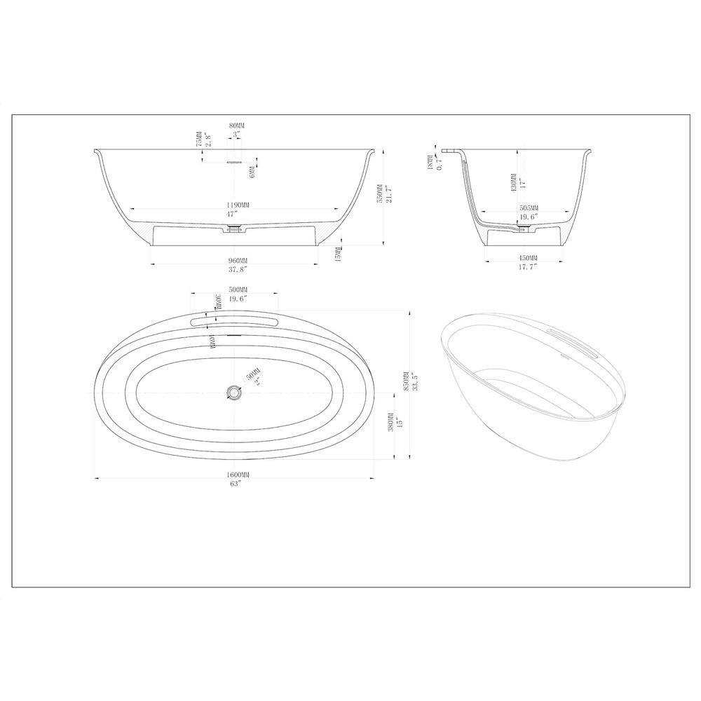 63 in. Matte White Solid Surface Freestanding Soaking Bathtub