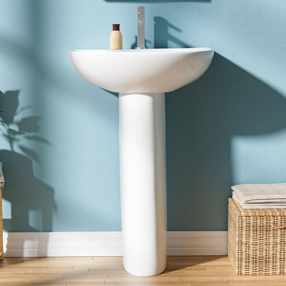 White Ceramic Gloss Pedestal Bathroom Sink with Overflow Drain