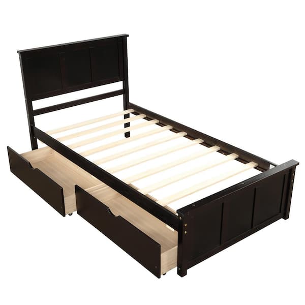 J&E Home Brown Wood Frame Twin Size Platform Bed with Drawers